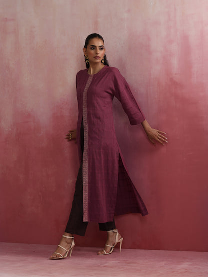 trueBrowns Mauve Cotton Dobby Front Slit Kurta Set - Distacart