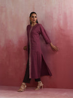 Thumbnail for trueBrowns Mauve Cotton Dobby Front Slit Kurta Set - Distacart