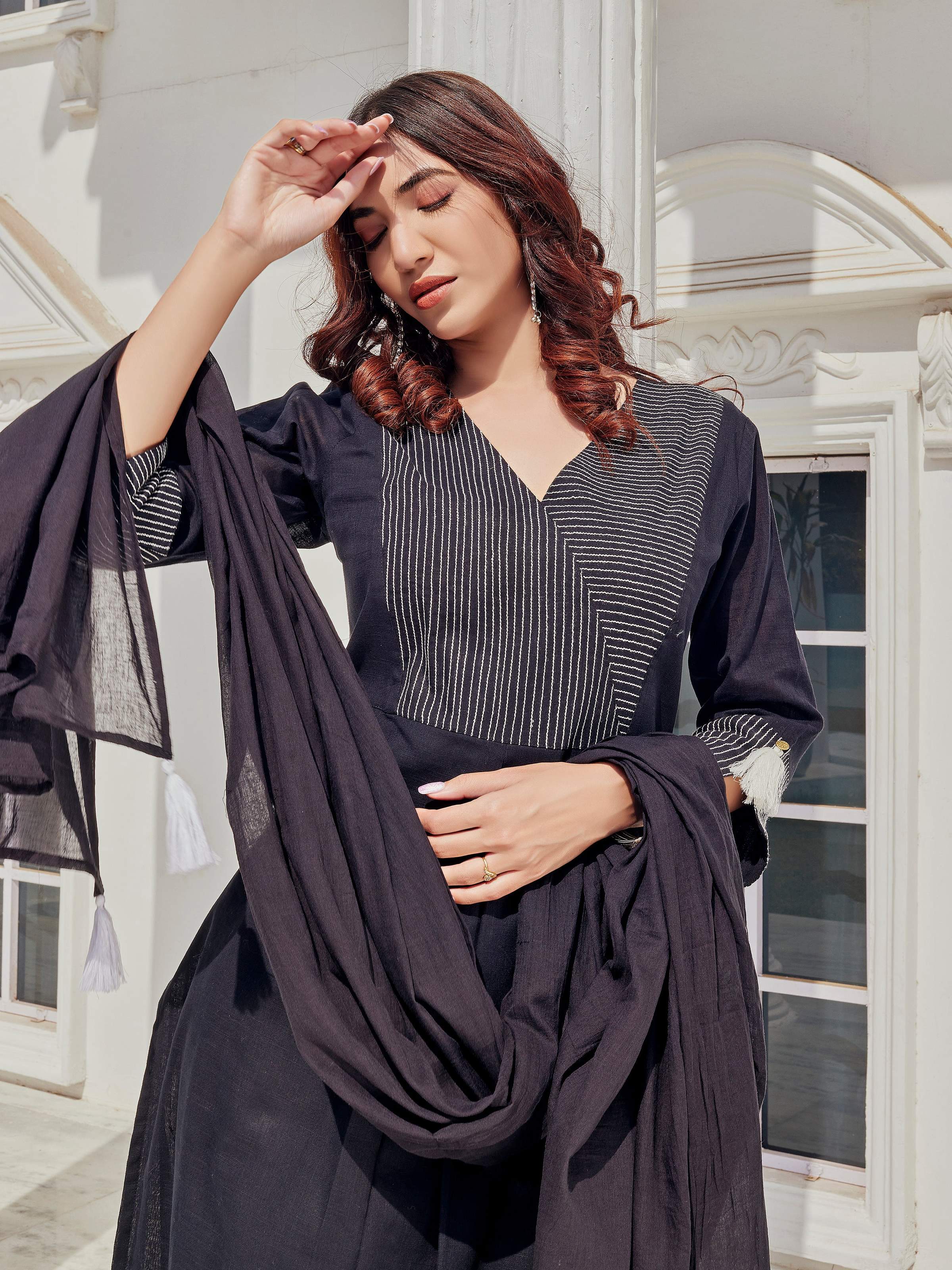 BulBul Khushi Black Cotton Kurta Set with Dupatta