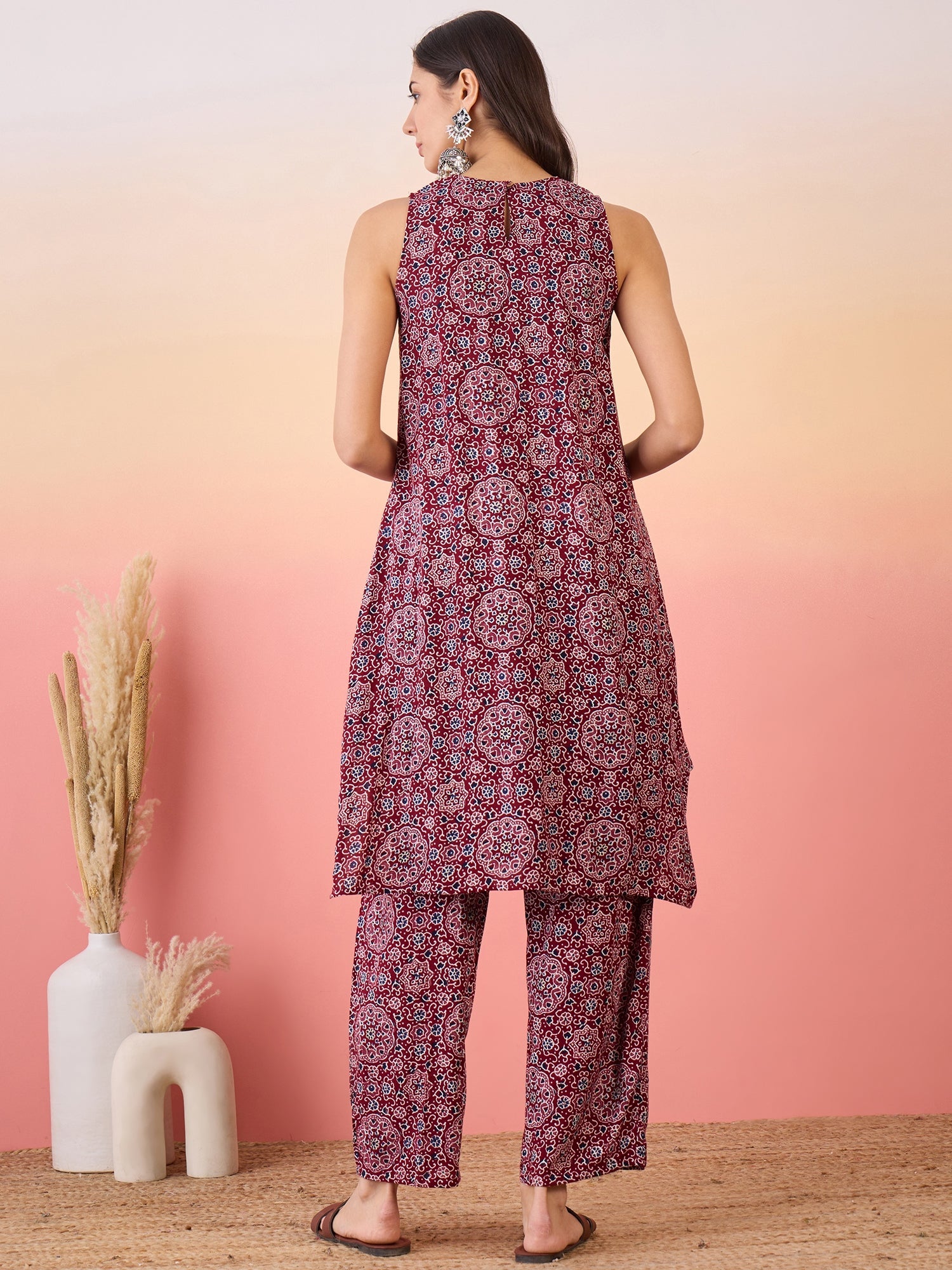 InWeave Maroon Navy Ajrakh Foil Round Neck Kurta Pant Set