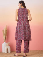 Thumbnail for InWeave Maroon Navy Ajrakh Foil Round Neck Kurta Pant Set