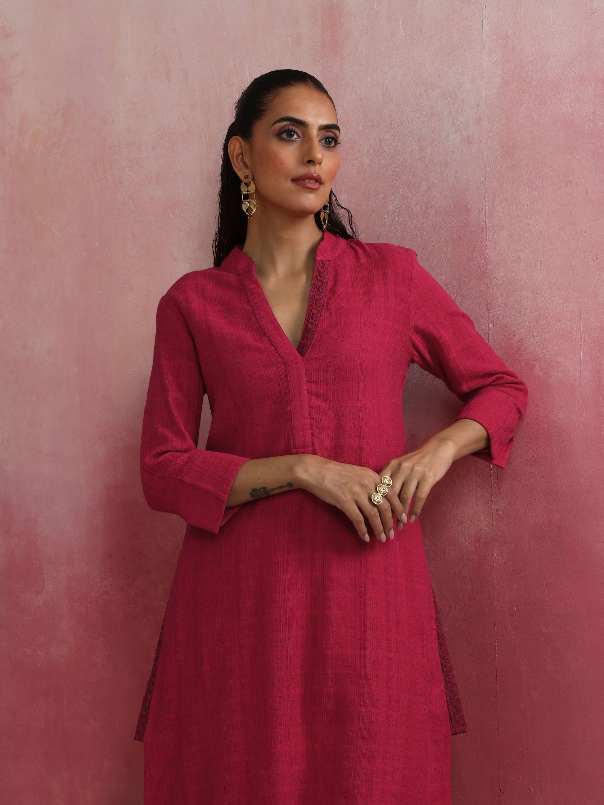 trueBrowns Magenta Cotton Dobby Kurta Set - Distacart