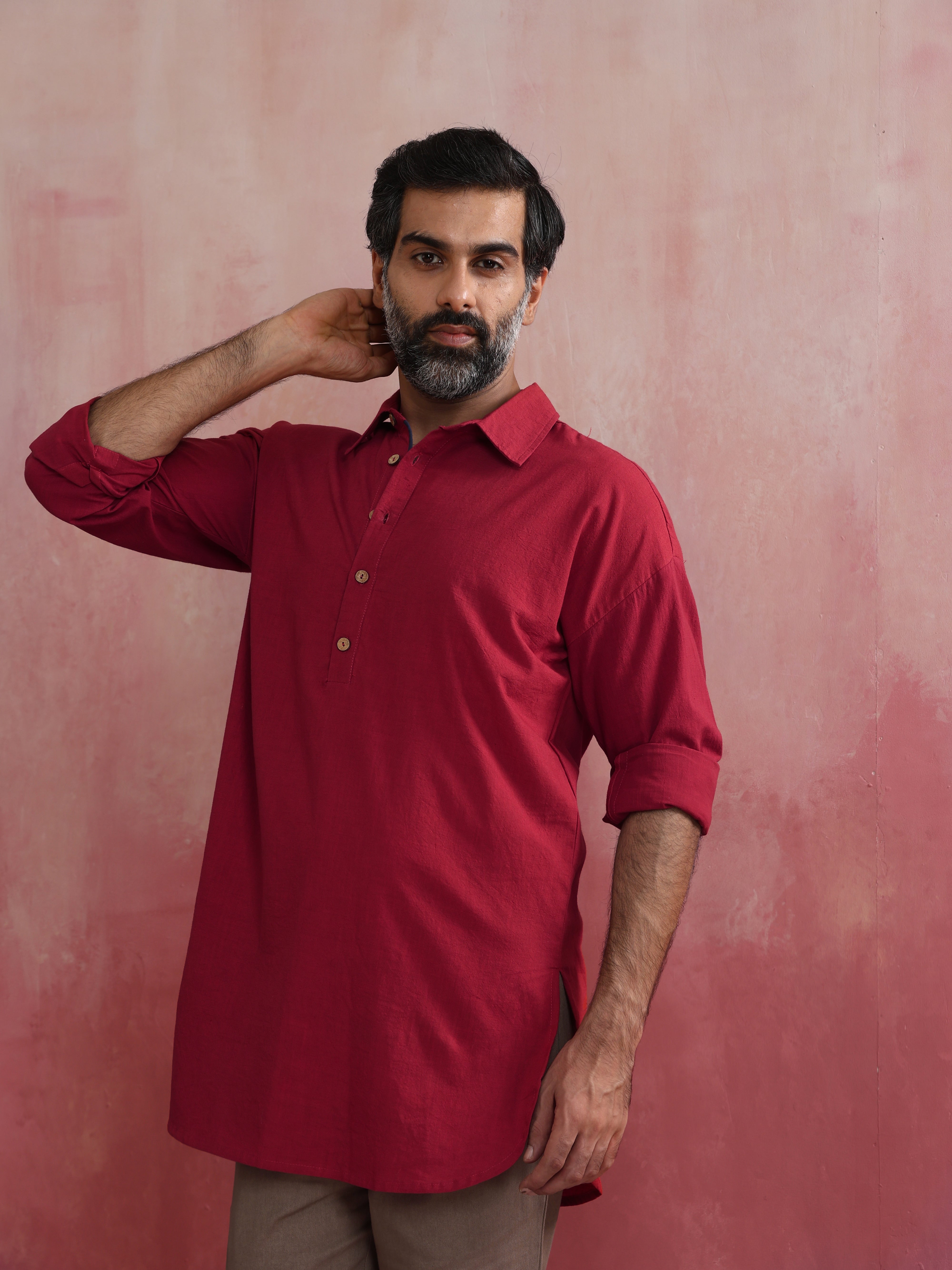 trueBrowns Men's Maroon Cotton Shirt Collar Stylized Kurta - Distacart