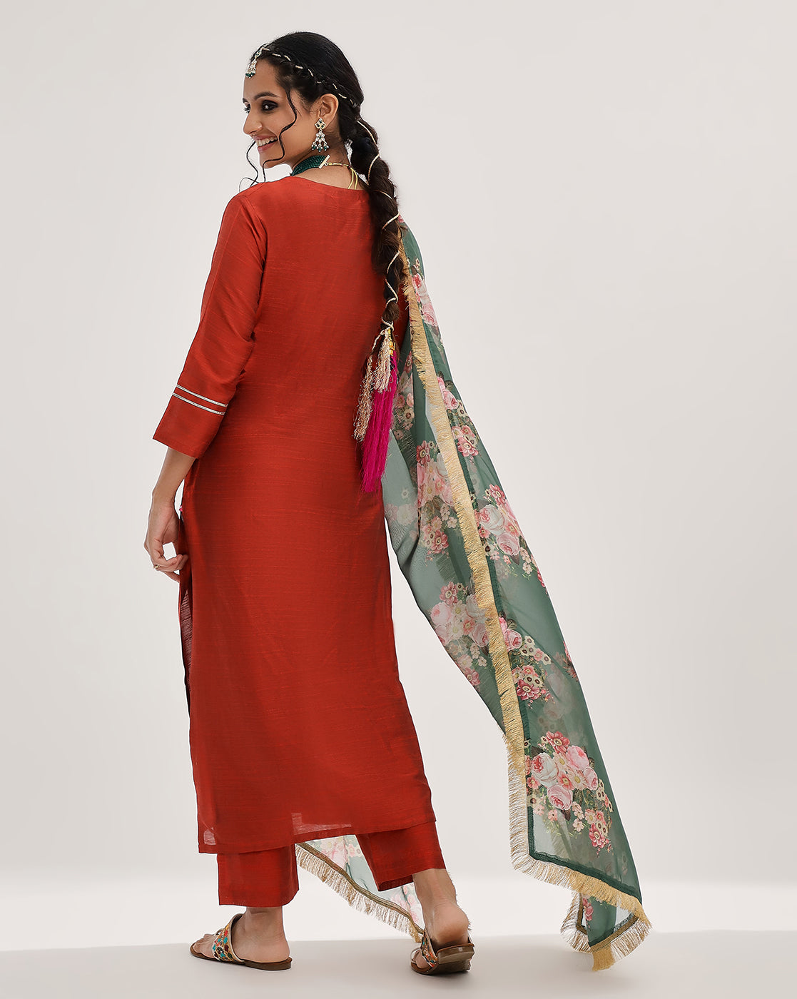 Varanga Women Maroon & Silver Embroidered Straight Kurta With Solid Trouser And Printed Dupatta With Fringes
