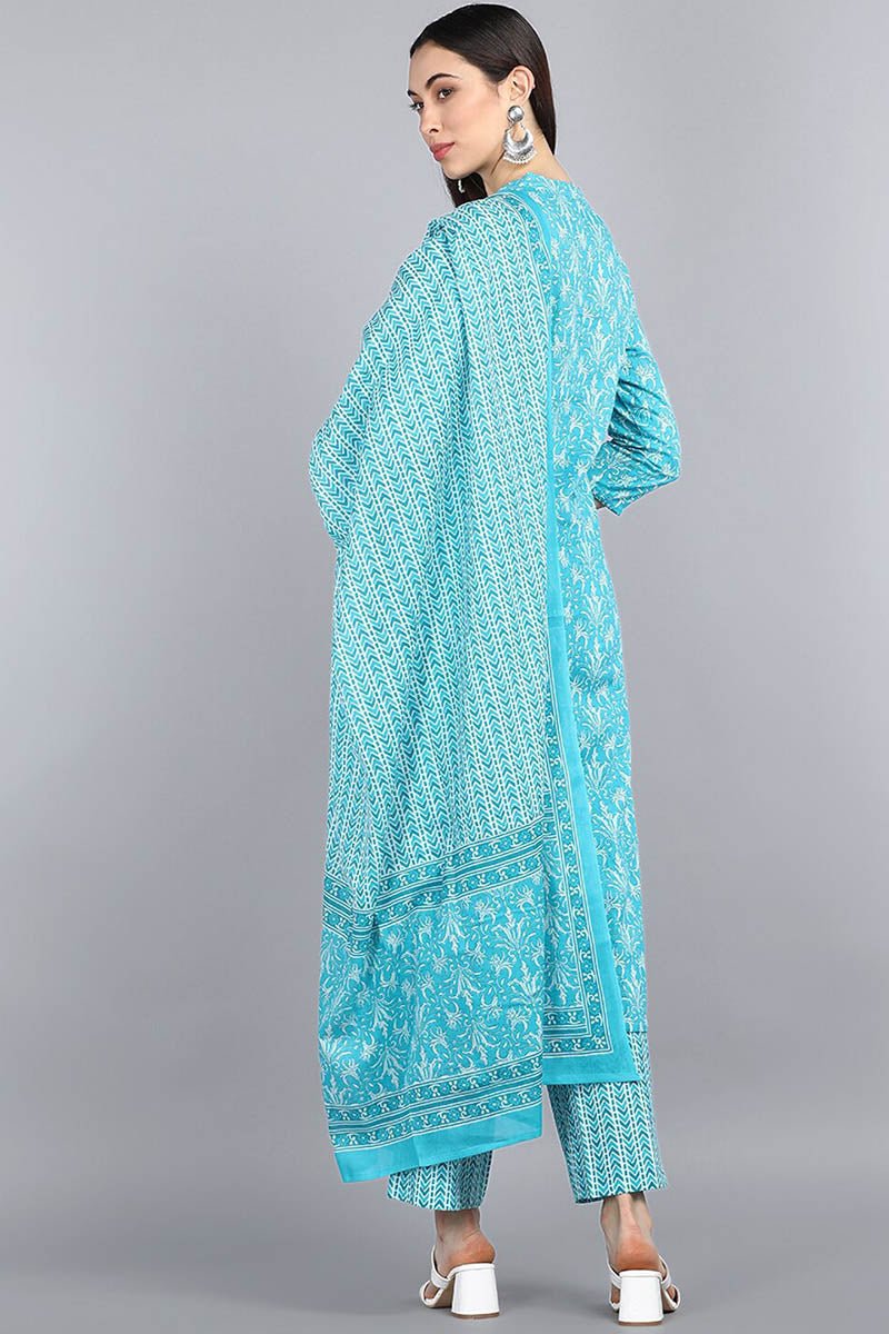 Ahika Turquoise Blue Cotton Ethnic Motifs Print Suit Set
