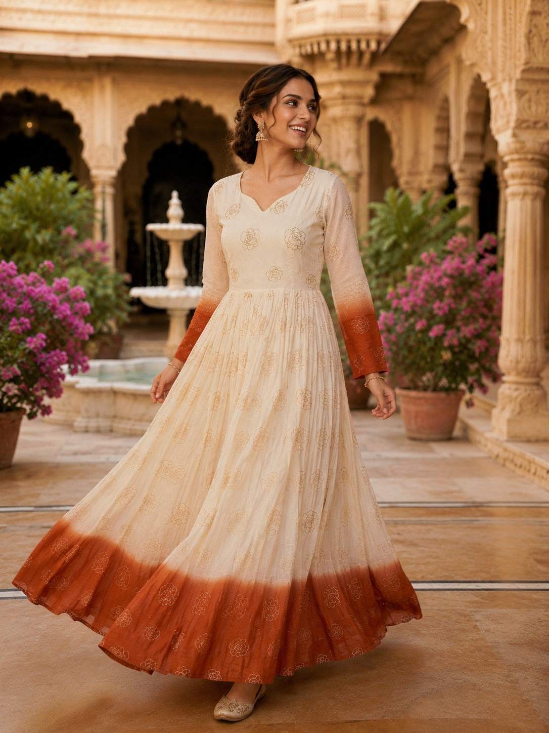 Anaita Brown&White Silk Readymade Anarkali Suit with Embroidery & Sequence Work - Dista