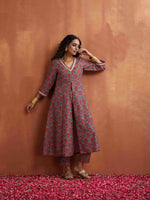 Thumbnail for trueBrowns Rust Ajrak Print Slit Kurta Set - Distacart