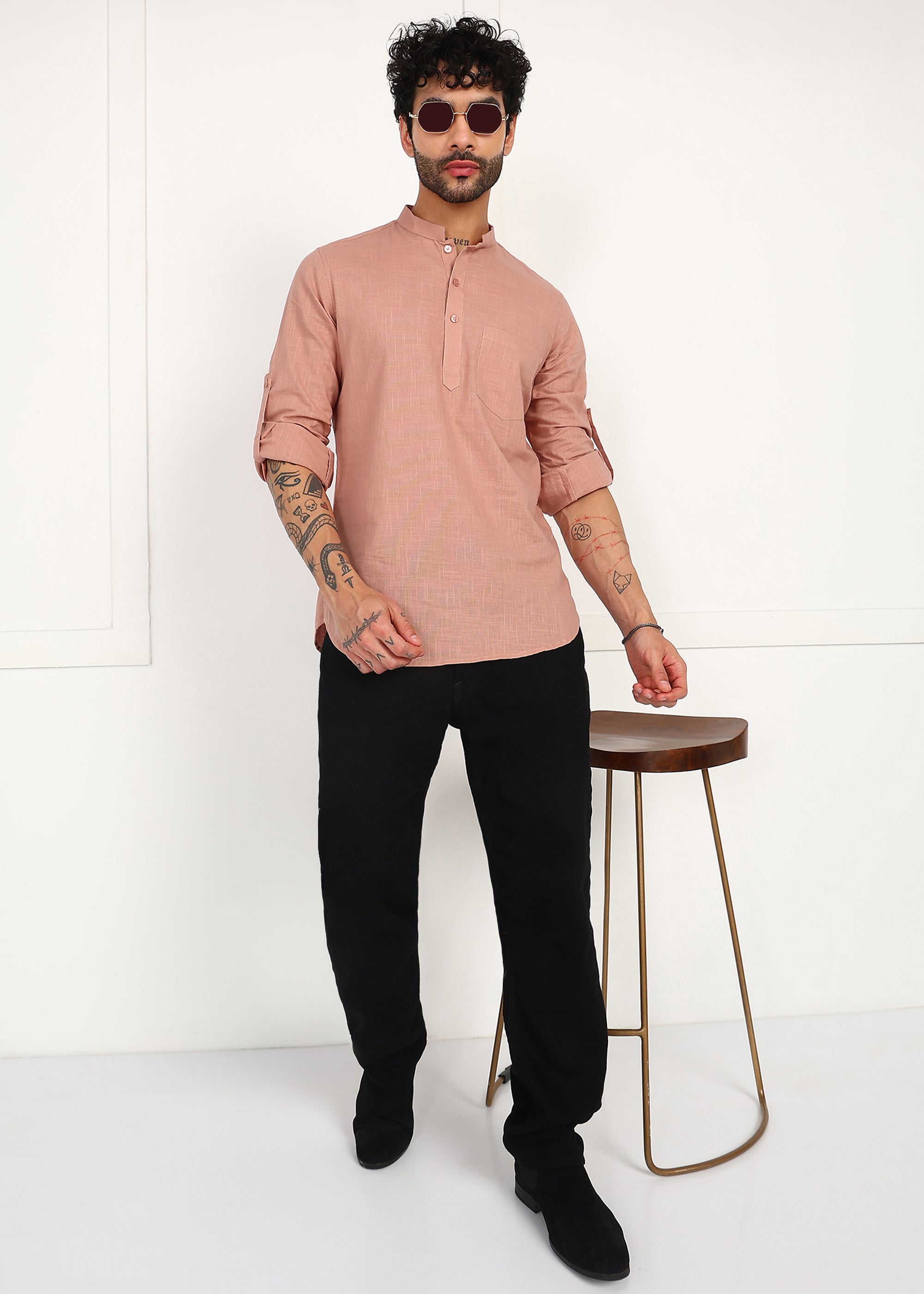 Fabmade Men’S Peach Linen Short Kurta - Distacart