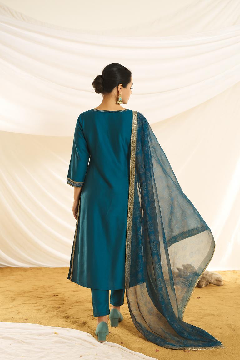 BulBul Women Teal Embellished Premium Silk Ethenic A-Line Kali Suit With Dupatta