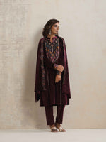 Thumbnail for trueBrowns Purple Velvet Geometric Embroidered Kurta Pant Dupatta Set