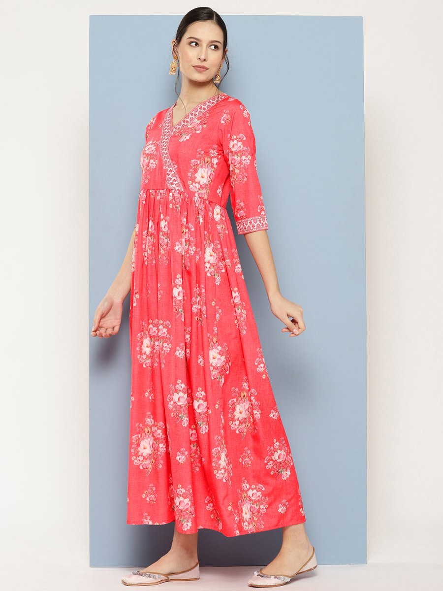 Ahalyaa Floral Printed Pleated Maxi Empire Ethnic Dress - Distacart
