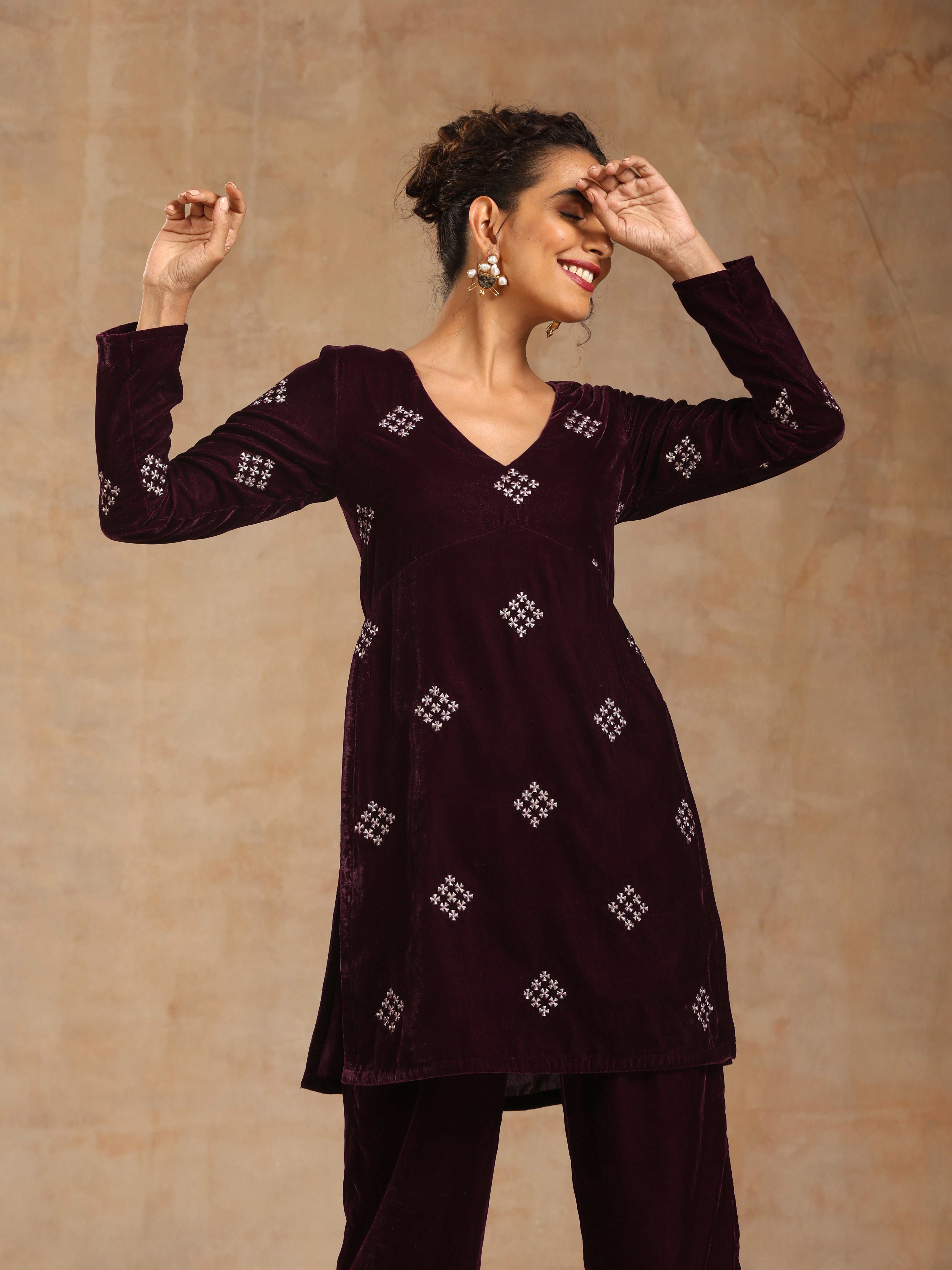 trueBrowns Wine Velvet Embroidered Co-ord Set - Distacart