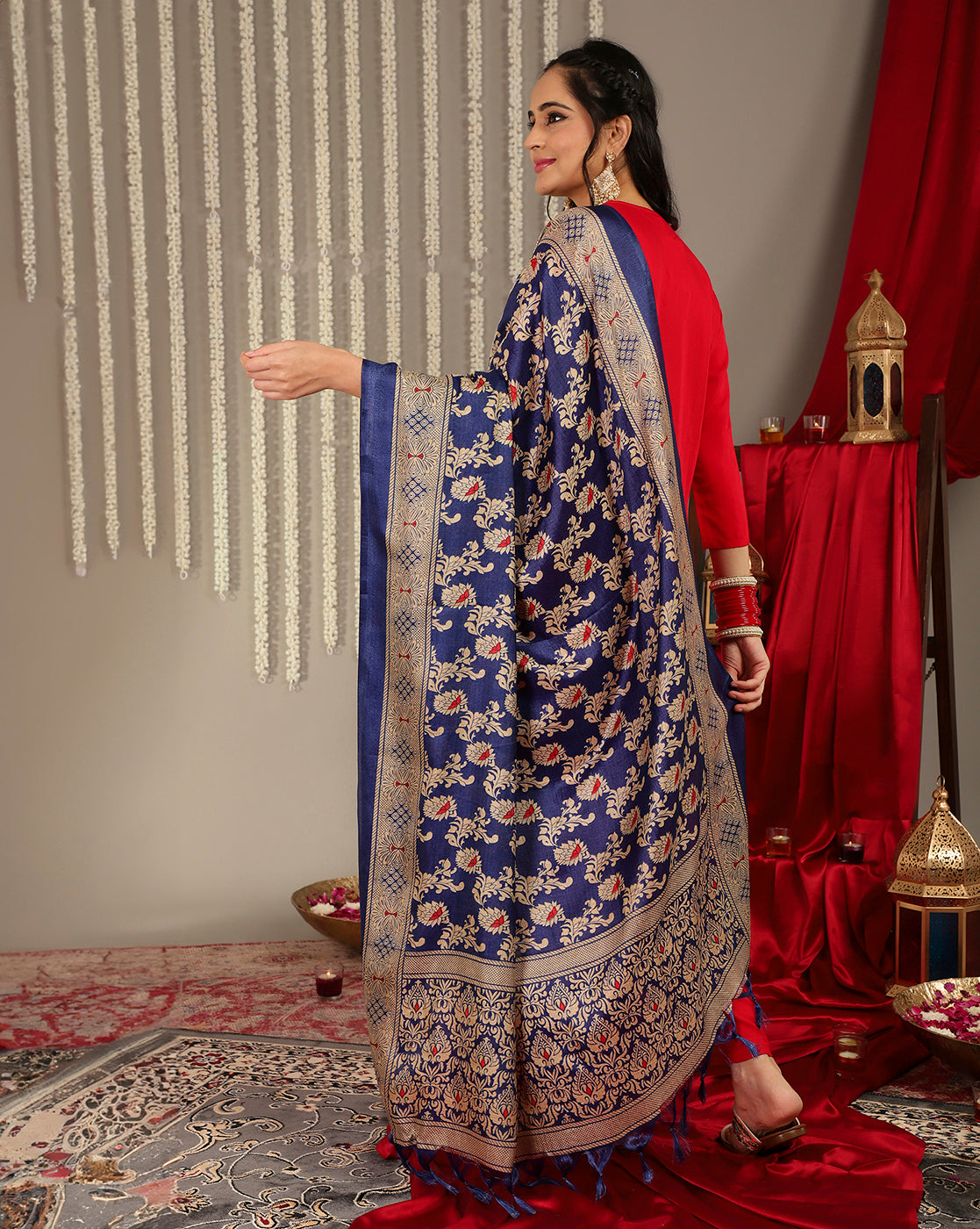 Varanga Women Red Placement Design Zari Embroidered Kurta With Three Quarter Sleeves Paired With Tonal Bottom And Contrast Printed Dupatta - Distacart