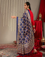 Thumbnail for Varanga Women Red Placement Design Zari Embroidered Kurta With Three Quarter Sleeves Paired With Tonal Bottom And Contrast Printed Dupatta - Distacart
