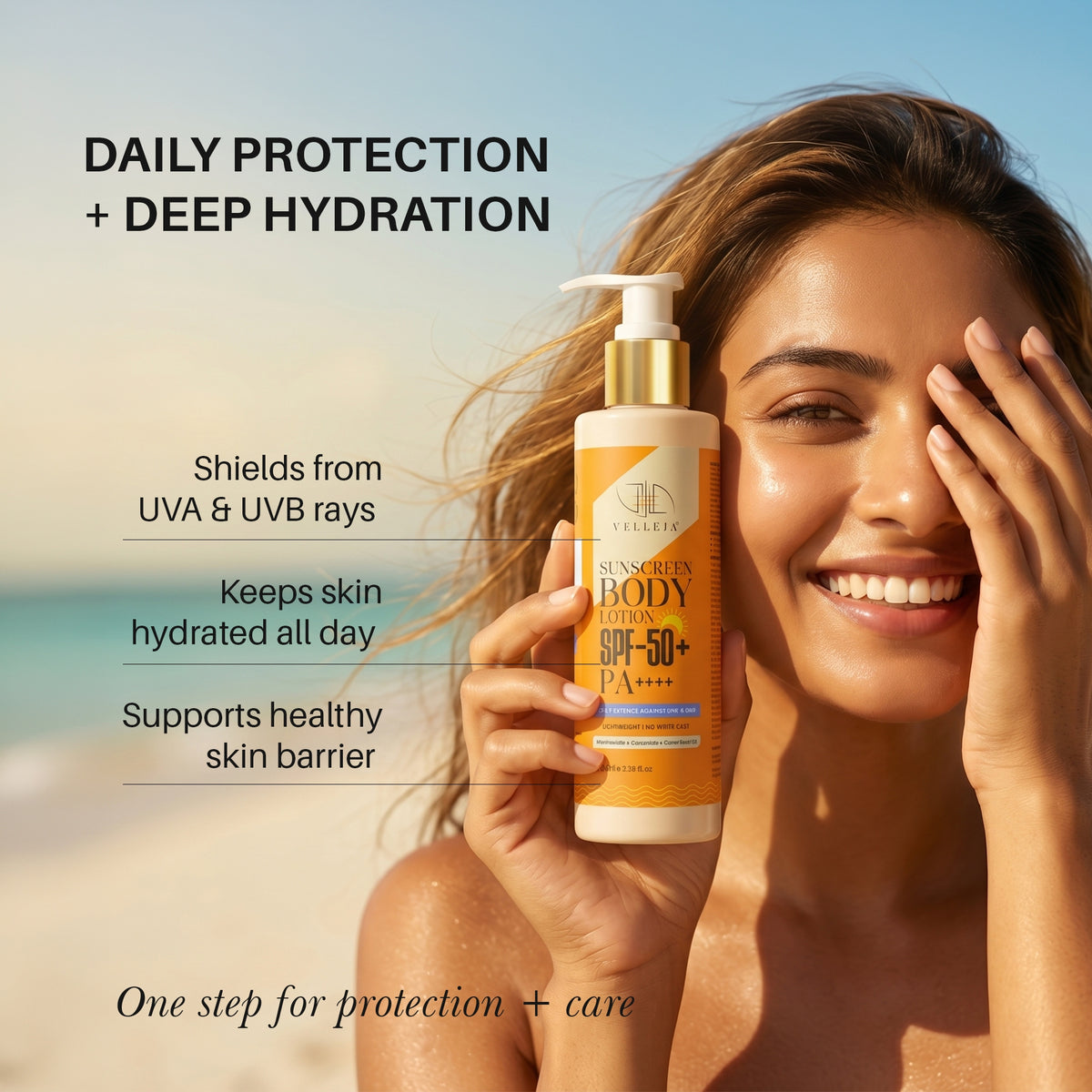 Velleja 2-in-1 Sunscreen Body Lotion SPF 50 PA++++ with 5% Niacinamide & Ceramides - Dista