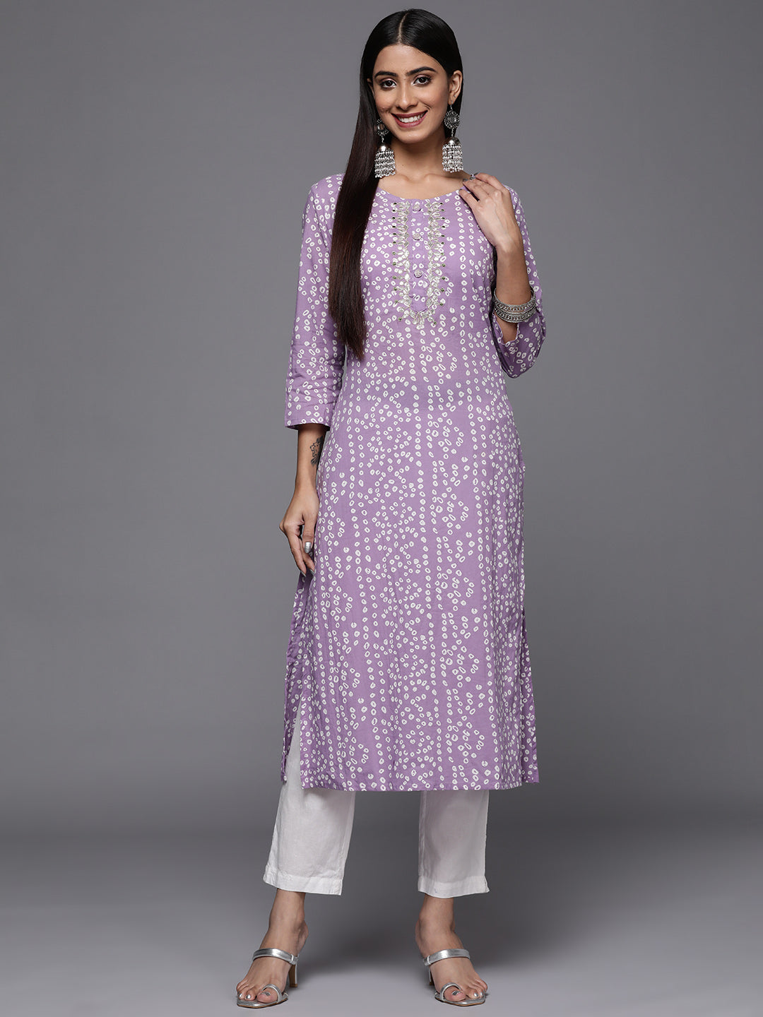 Varanga Lavender Bandhani Print Embroidered Kurta Has Round Neck - Distacart