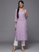 Thumbnail for Varanga Lavender Bandhani Print Embroidered Kurta Has Round Neck - Distacart