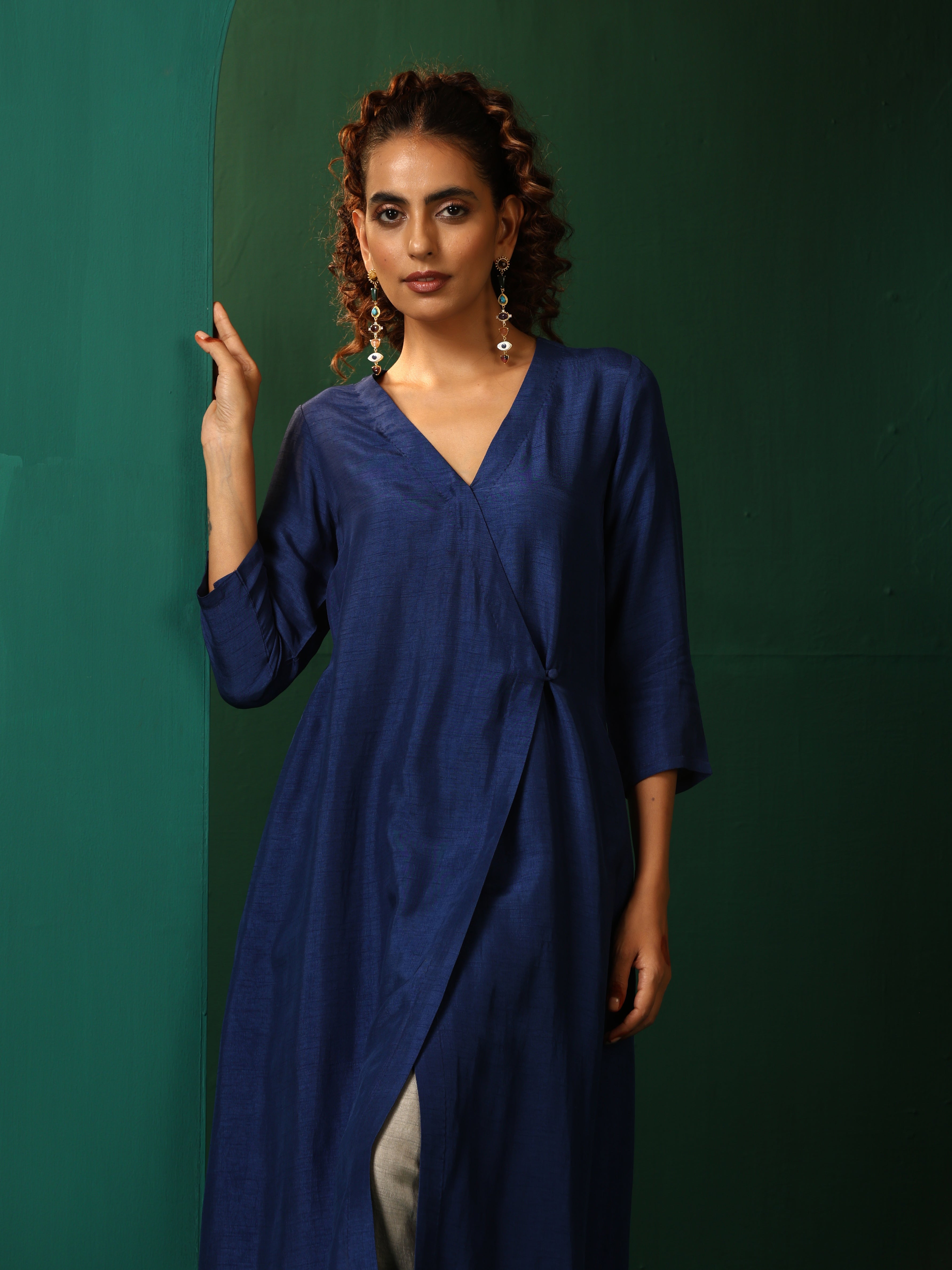 trueBrowns Blue Silk Angrakha Kurta Pant Set - Distacart