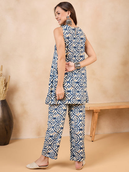 InWeave Peacock Blue White Moroccan Print Round Neck Kurta Set - Distacart