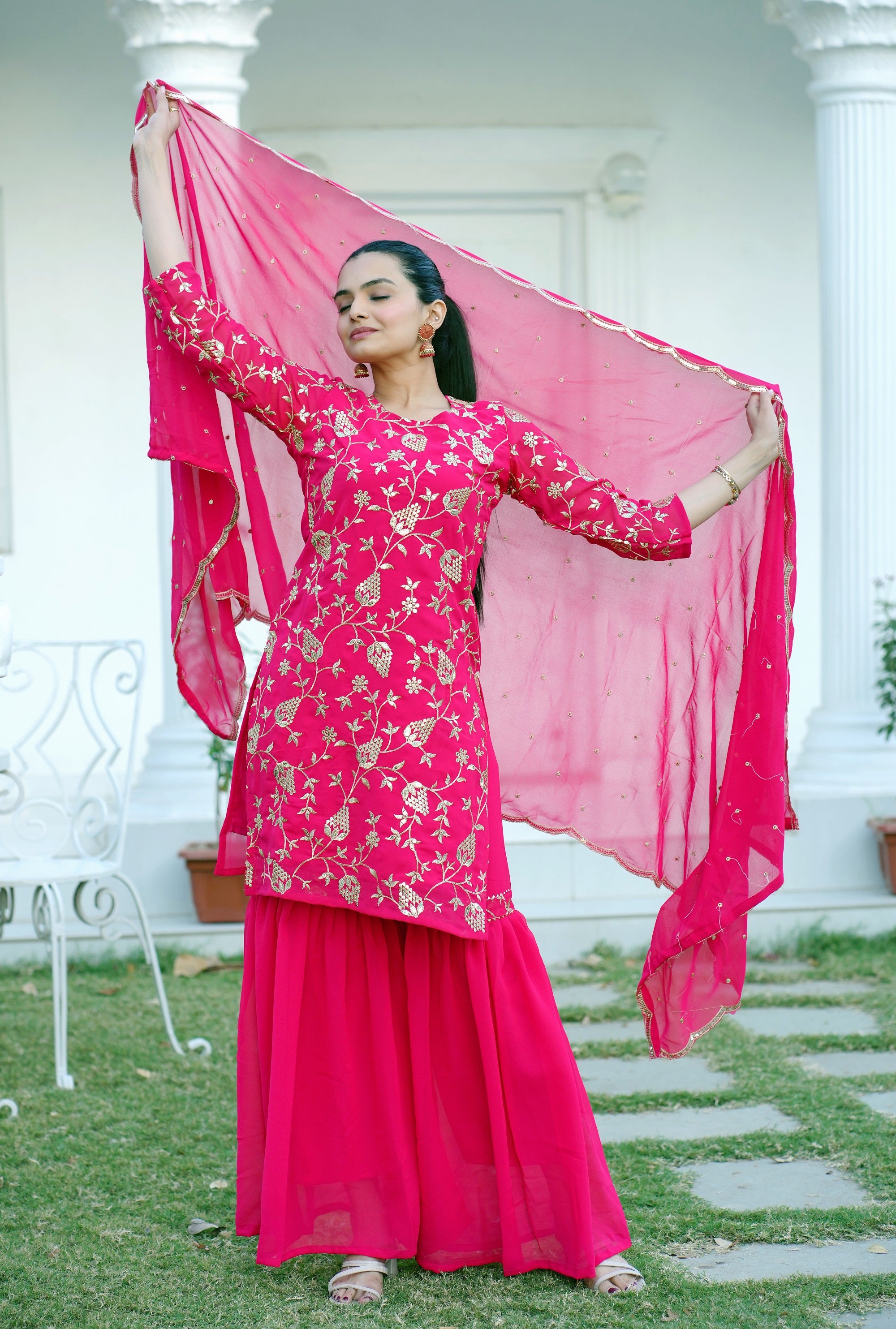Teeya Creation Pink Color Faux Georgette Heavy Embroidery Work Fully Stitched Sharara Suit - Distacart