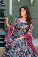 Thumbnail for Anaita Grey Tabby Silk Stitched Anarkali Suit With Thread & Sequence Work - Distacart
