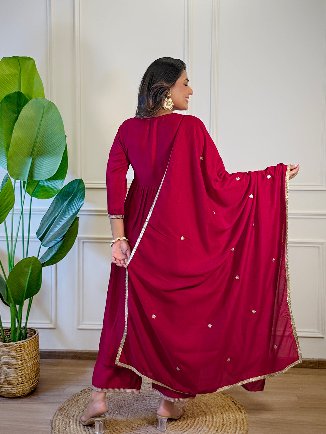 The52 Women's Gorgeous Vichitra Silk Embroidery Flared Kurta with Palazzo And Dupatta Set