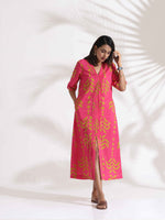 Thumbnail for trueBrowns Pink Cotton Print pleated Dress