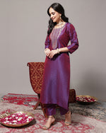 Thumbnail for Varanga Women Voilet Zari Embroidered Kurta With Three Quater Sleeves Paired With Tonal Bottom And Dupatta - Distacart