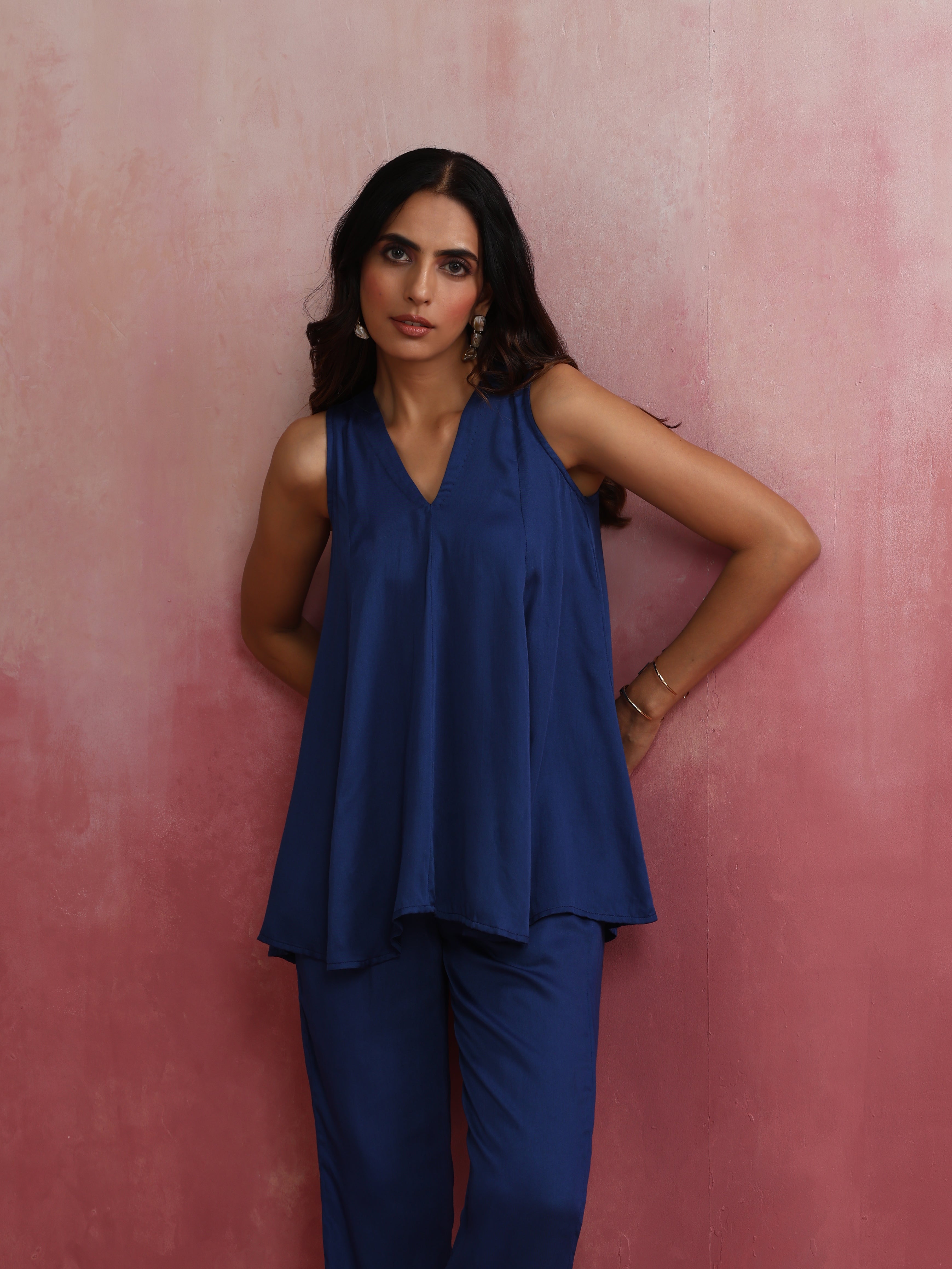 trueBrowns Blue Modal Flared Kurta Co-ord Set