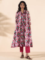 Thumbnail for trueBrowns Pink Cotton Ikat Flared Kurta Pant Set - Distacart