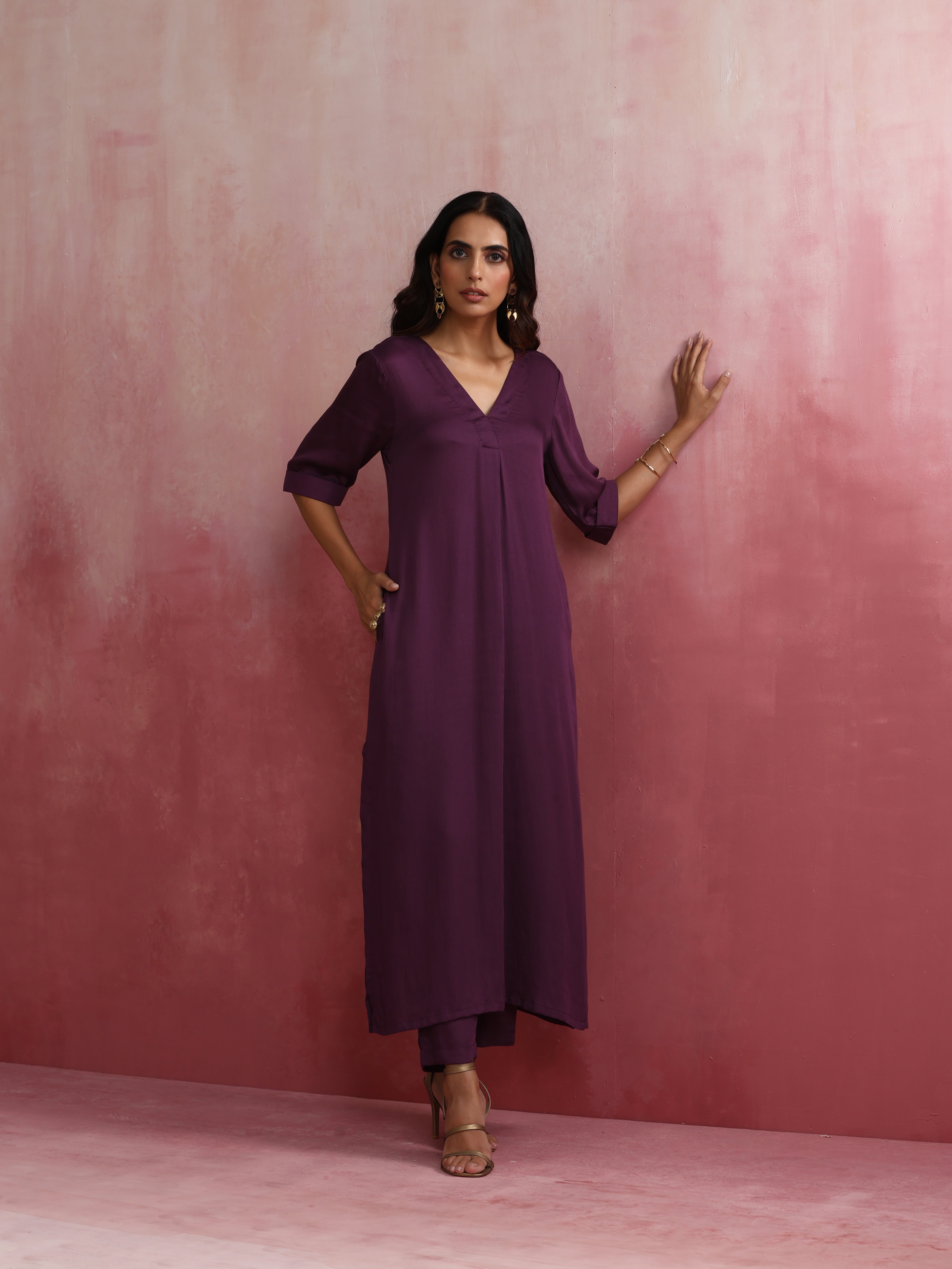 trueBrowns Purple Modal Pleated Kurta Set - Distacart