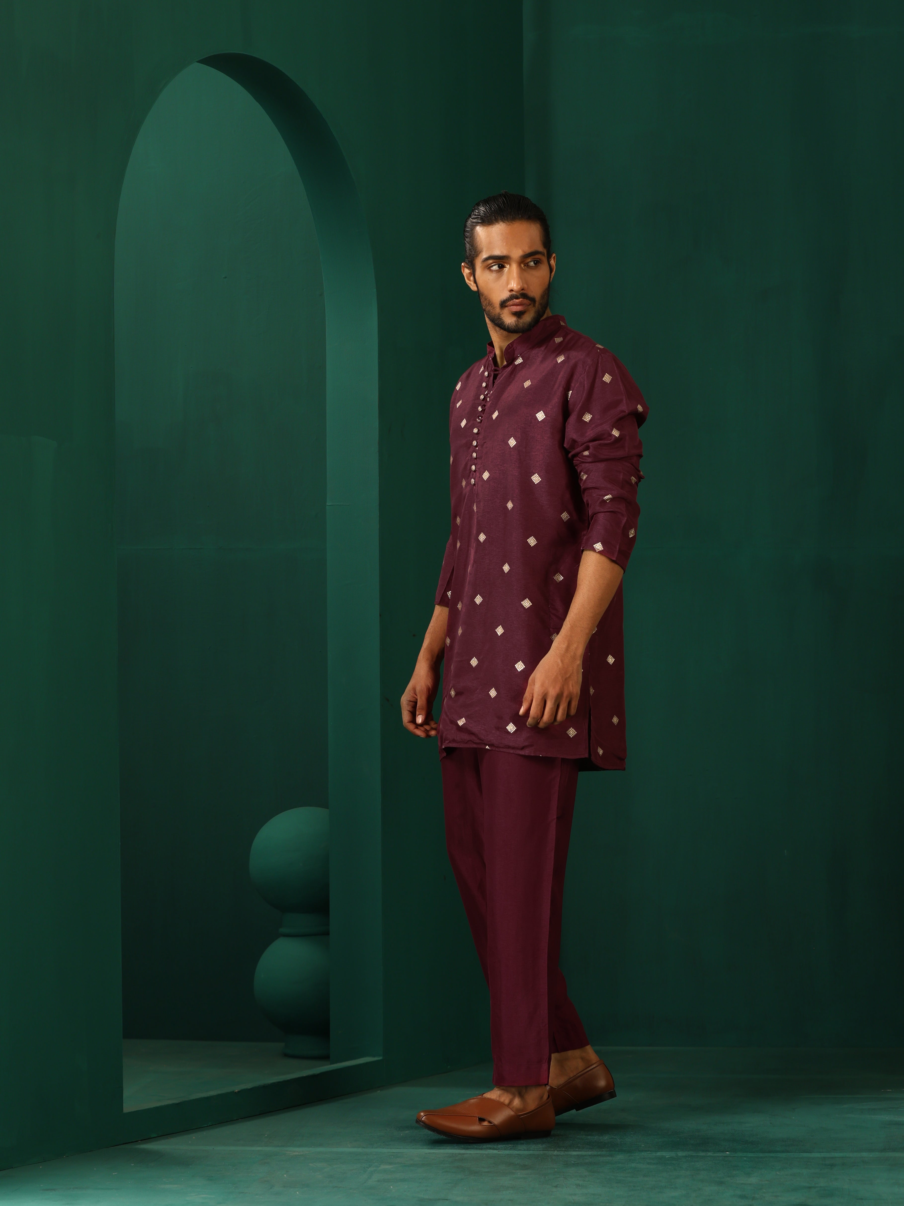 trueBrowns Men's Wine Diamond Viscose Silk Co-ord Set - Distacart