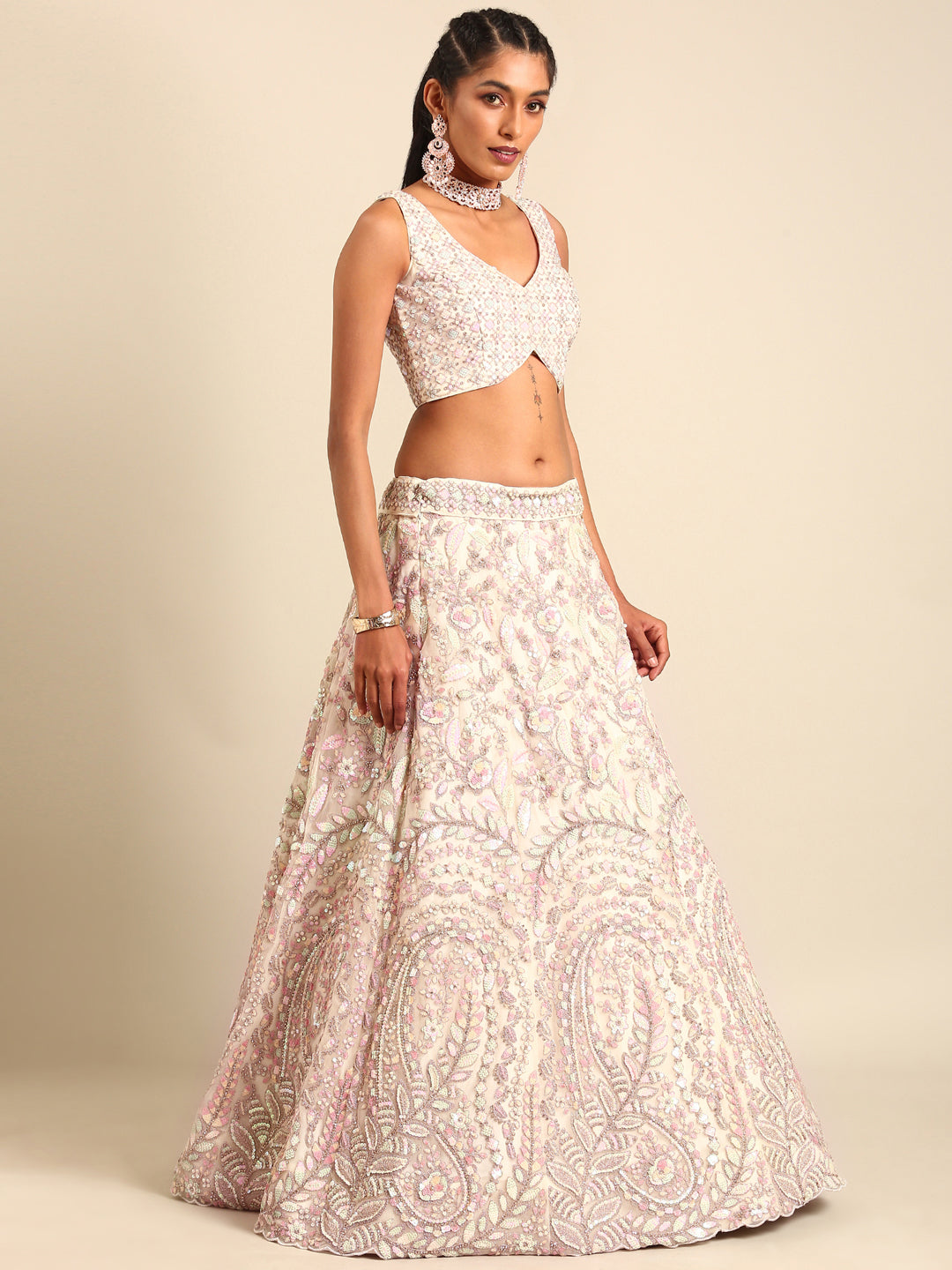 House of Panchhi Cream Net Multi Sequins with heavy Zarkan embroidery Lehenga choli & Dupatta - Distacart