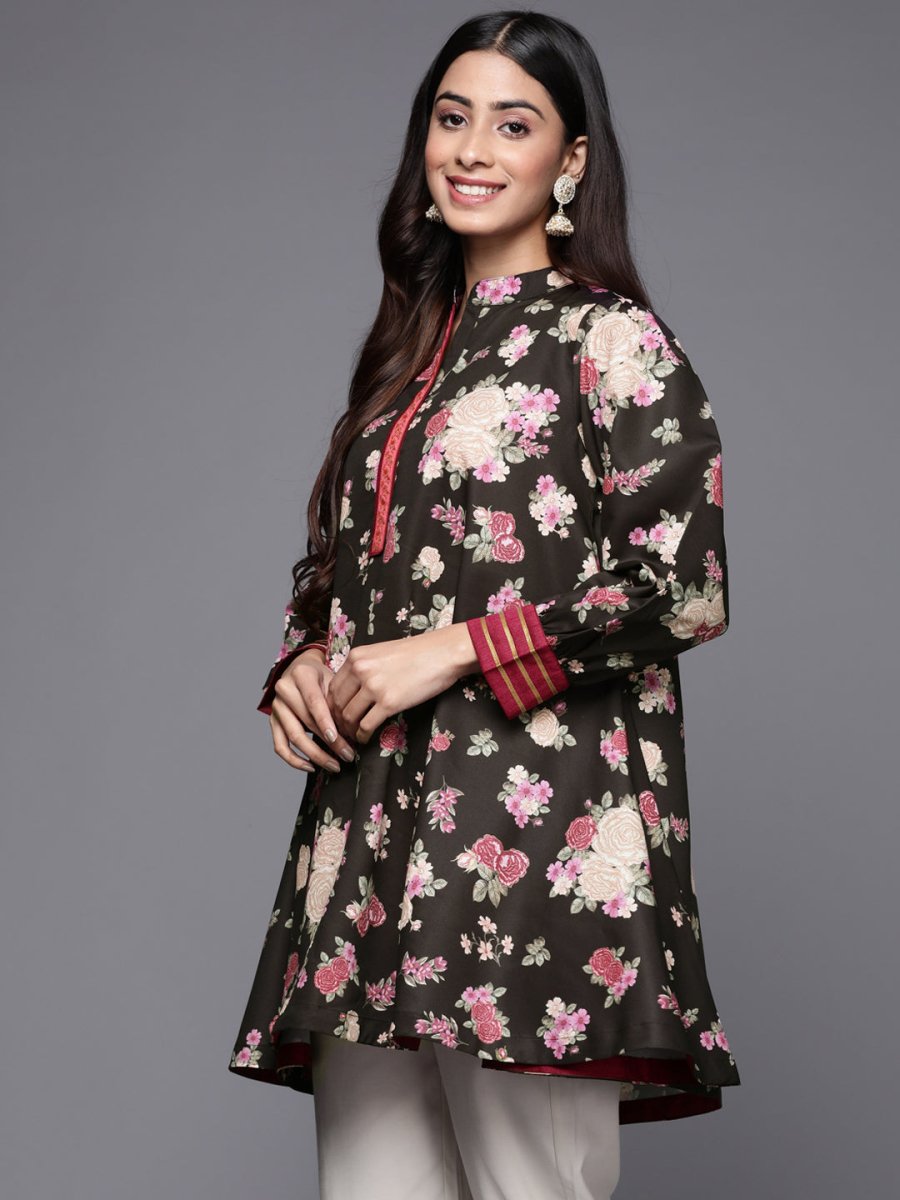Ahalyaa Mandarin Collar Floral Print Crepe Tunic - Distacart