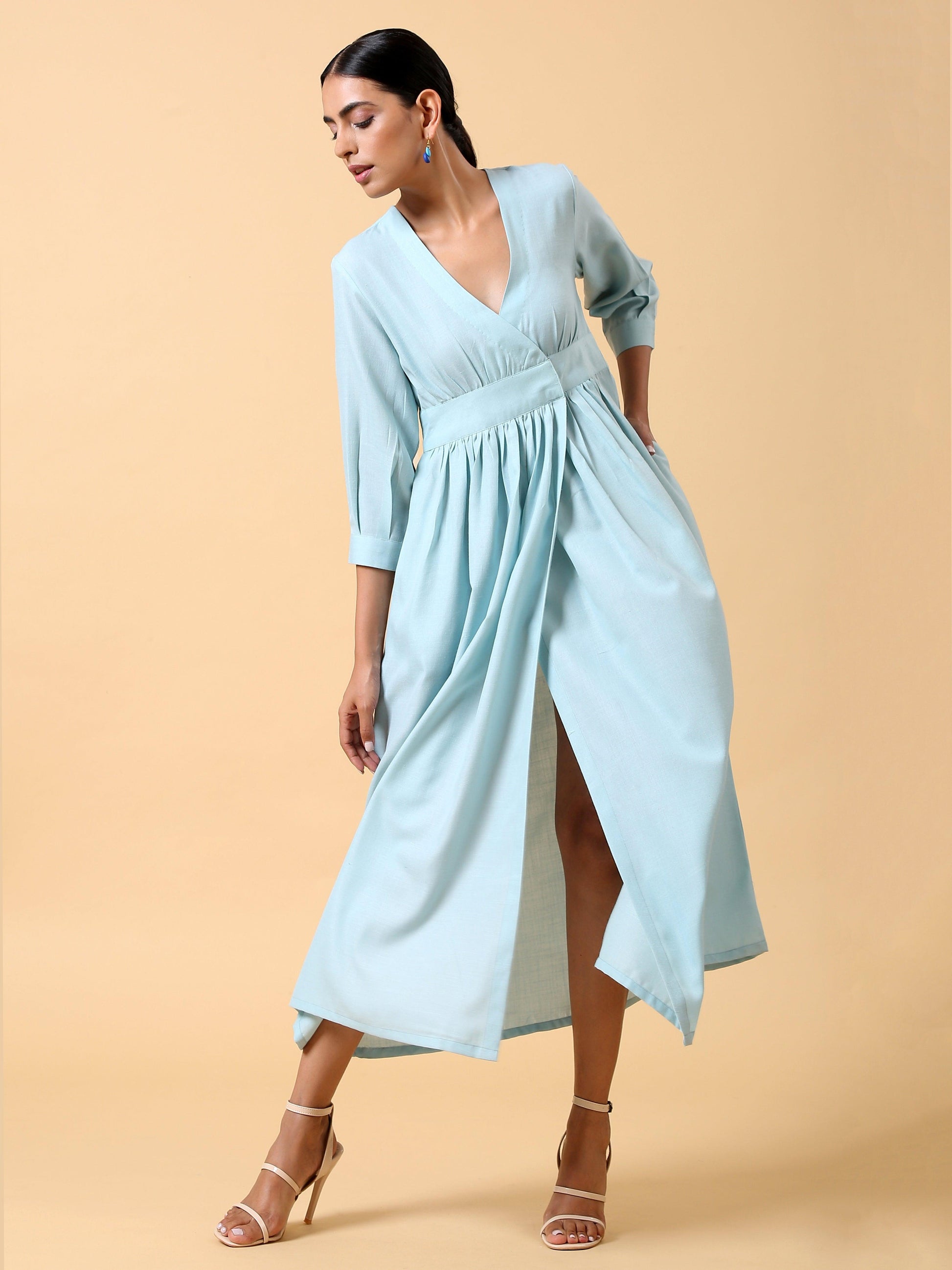 trueBrowns Cotton Linen Light Blue Wrap Dress - Distacart