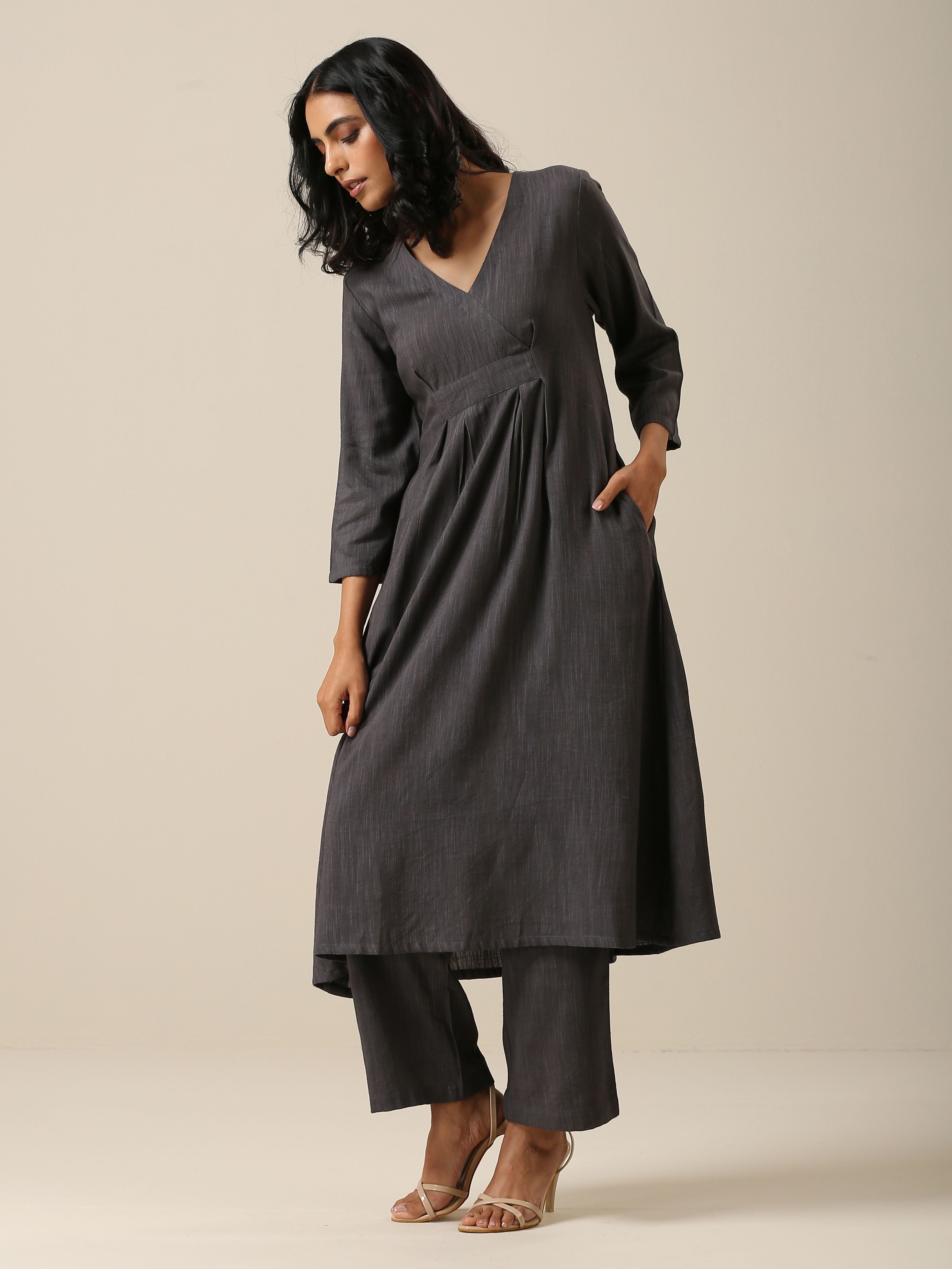 trueBrowns Slate Grey Slub Texture Overlap Pleat Kurta Pant Set | Relove