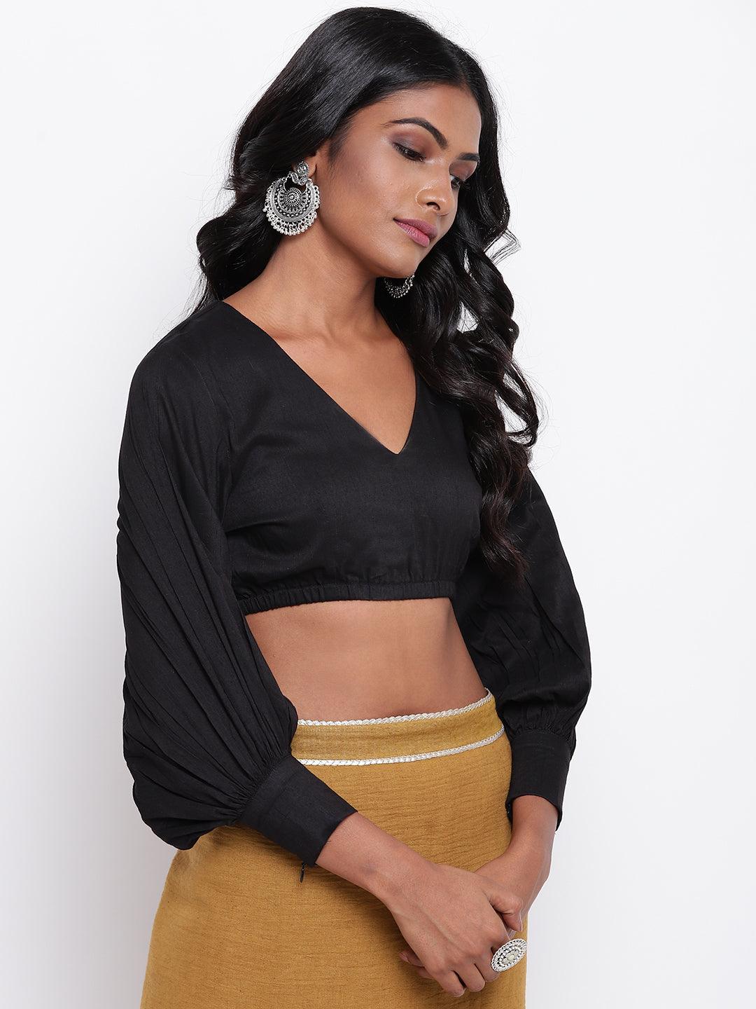 trueBrowns Black Gathered Sleeve Top - Distacart