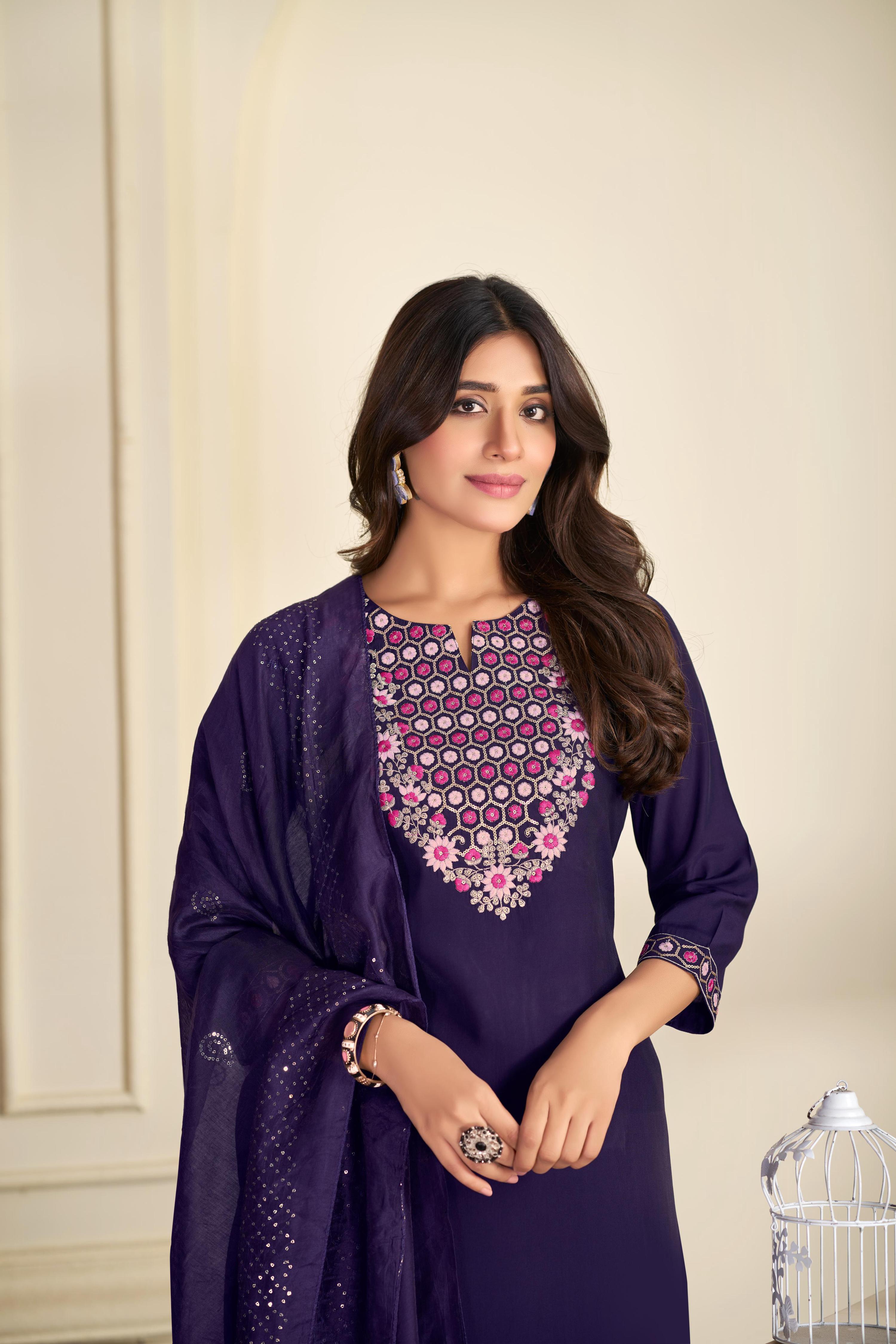 BulBul Ruhani Purple Embroidered Roman Silk Salwar Suit