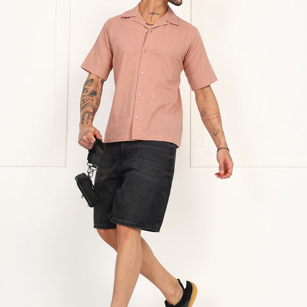 Fabmade Men’S Peach Linen Short-Sleeve Shirt - Distacart