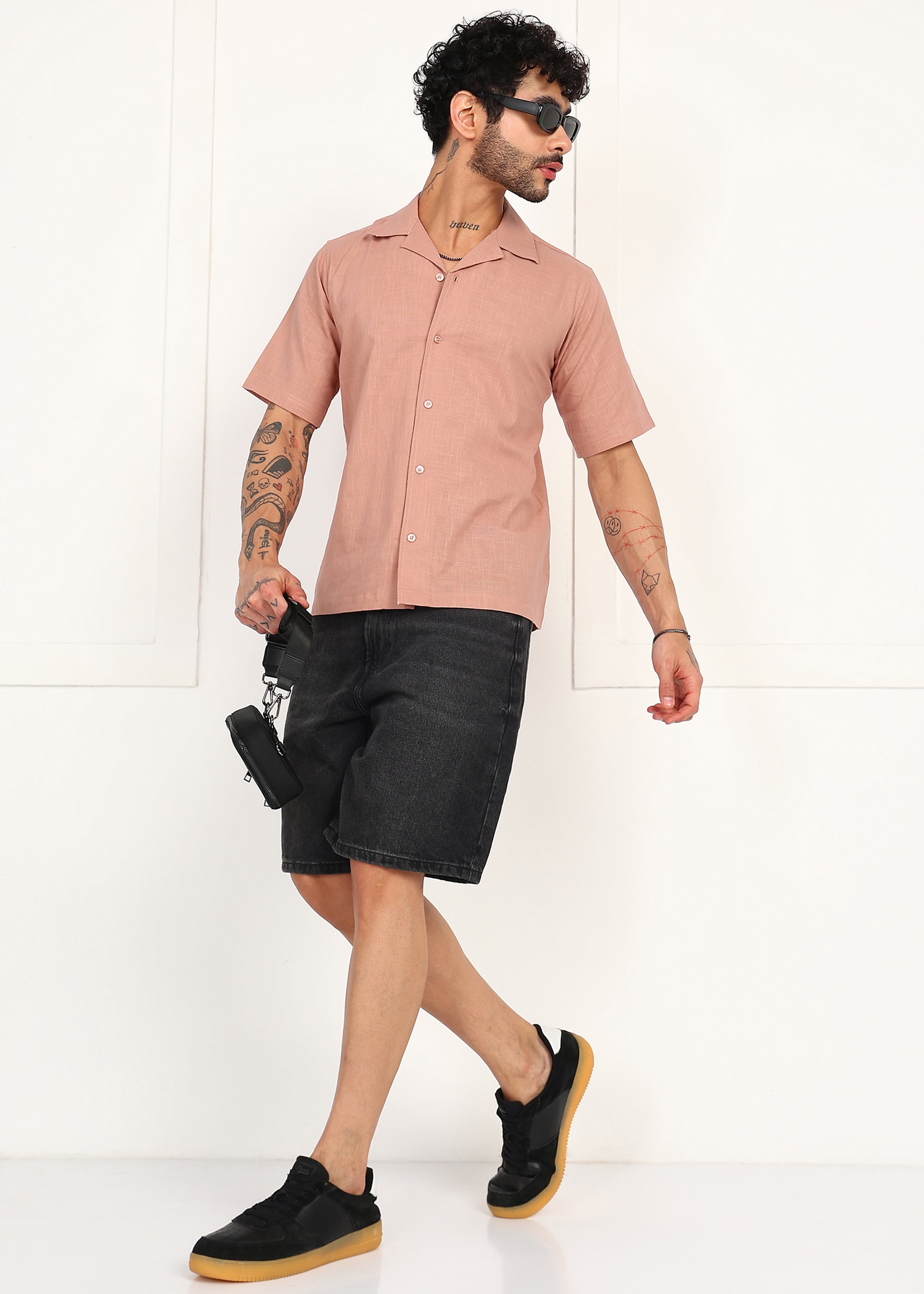 Fabmade Men’S Peach Linen Short-Sleeve Shirt - Distacart