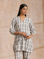 Thumbnail for trueBrowns Grey Dabu Buta Print Cotton V-Square Neck Co-Ord Set - Distacart