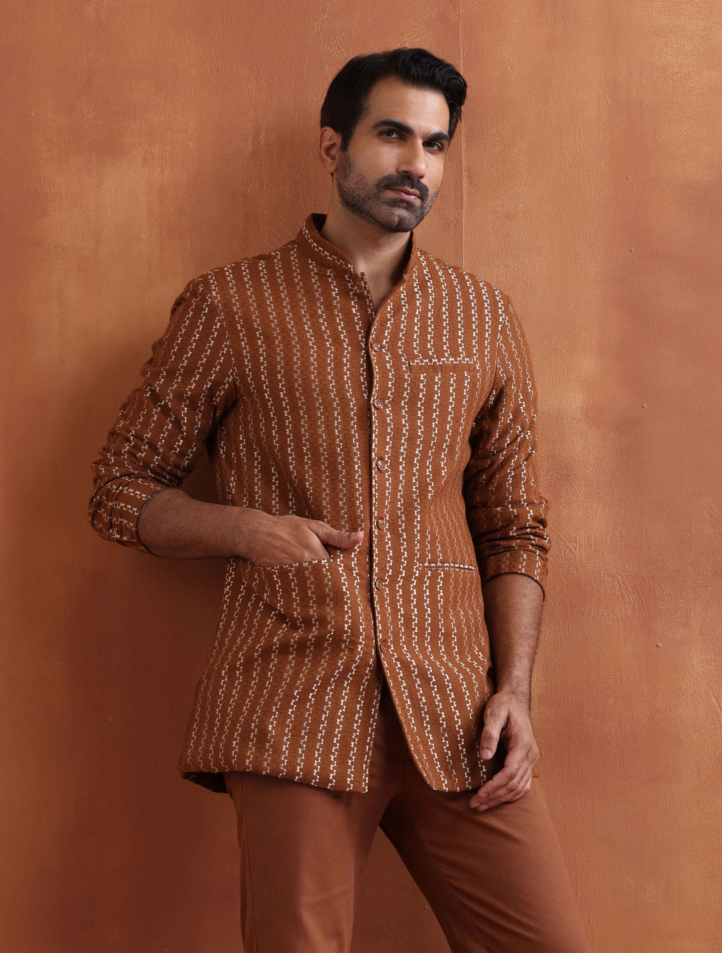 trueBrowns Men's Brown Cotton Dobby Long Jacket