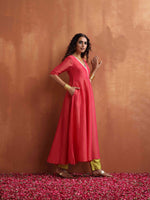 Thumbnail for trueBrowns Hot Pink Tissue Flared Anarkali Kurta Set