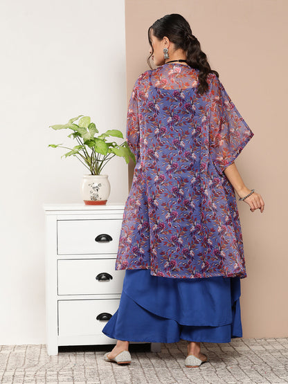 InWeave Ink Blue Strappy Set With Mauve Print Floral Cape - Distacart