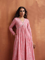 Thumbnail for trueBrowns Pink Print Flared Anarkali Kurta Set - Distacart