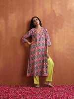 Thumbnail for trueBrowns Pink Print High Slit Kurta Set - Distacart