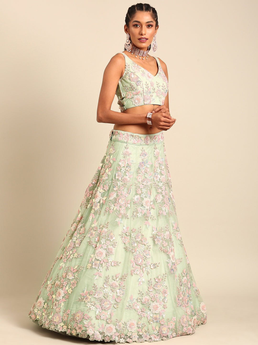 House of Panchhi Lime Green Net Sequins with heavy Zarkan embroidery Lehenga choli & Dupatta - Distacart
