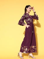 Thumbnail for Ahalyaa Burgundy & Gold-Toned Bell Sleeves Printed Ethnic Jumpsuit With Waist Tie-Ups - Distacart