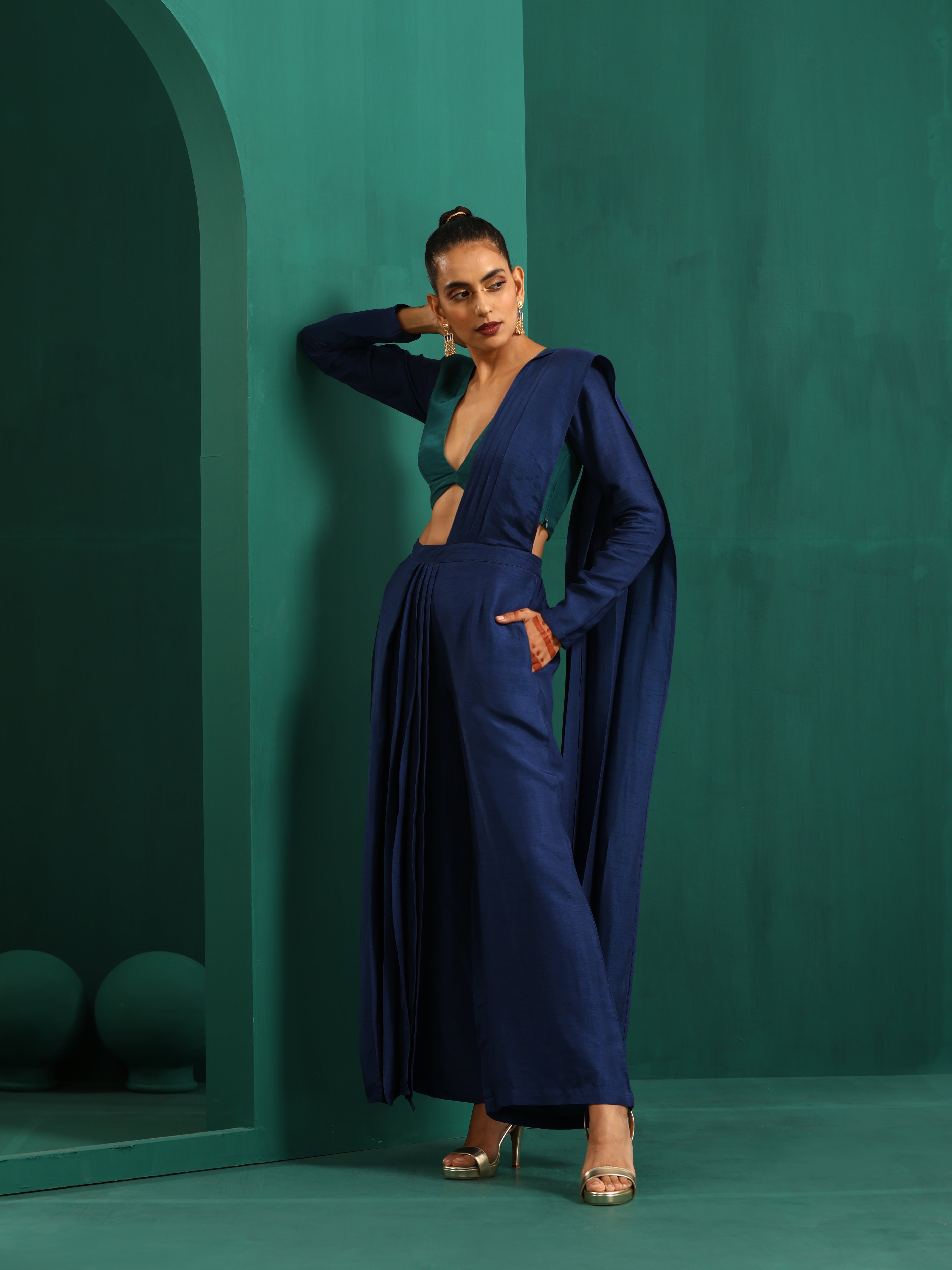 trueBrowns Blue Silk Palazzo Stitched Saree - Distacart