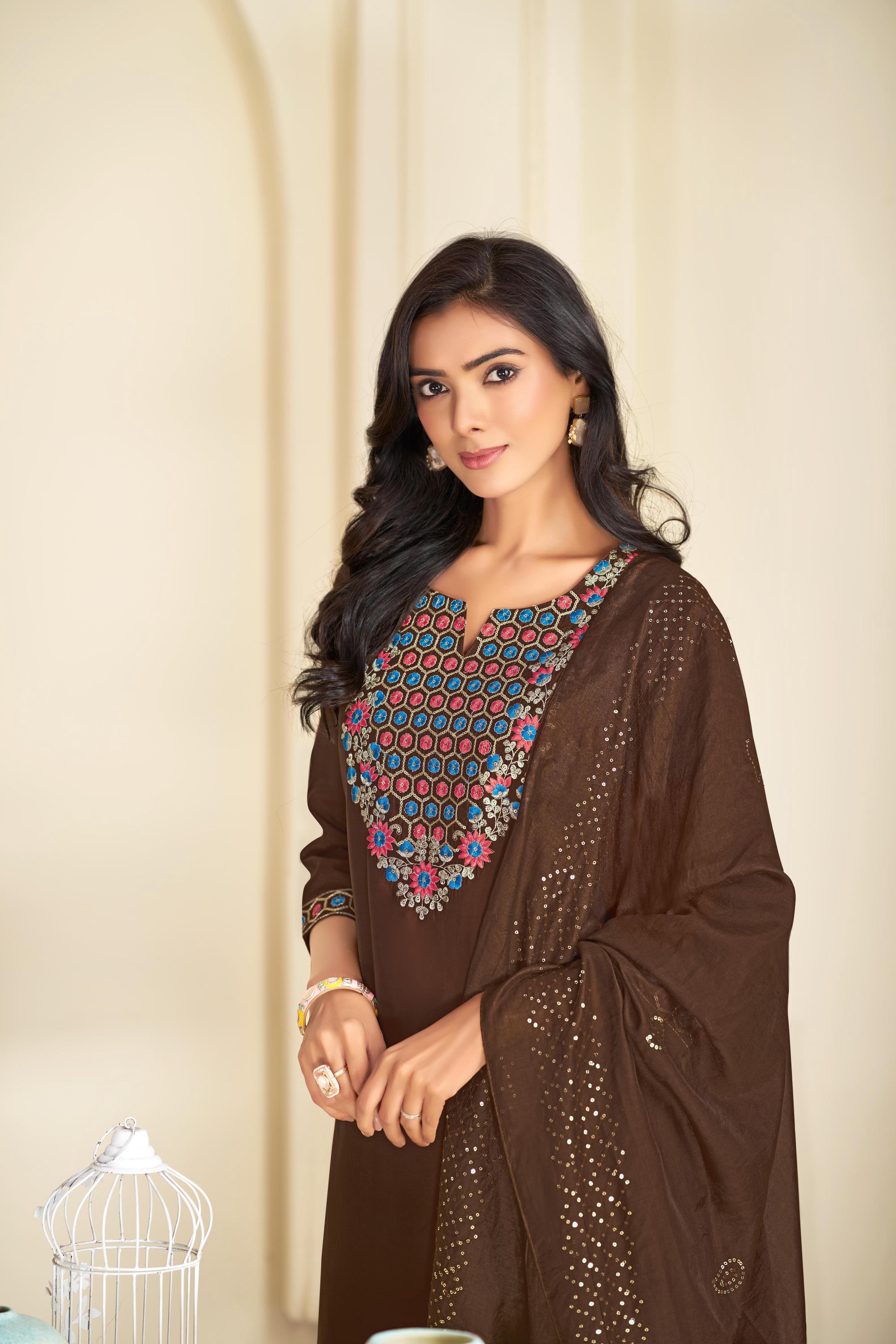 BulBul Ruhani Brown Embroidered Roman Silk Salwar Suit